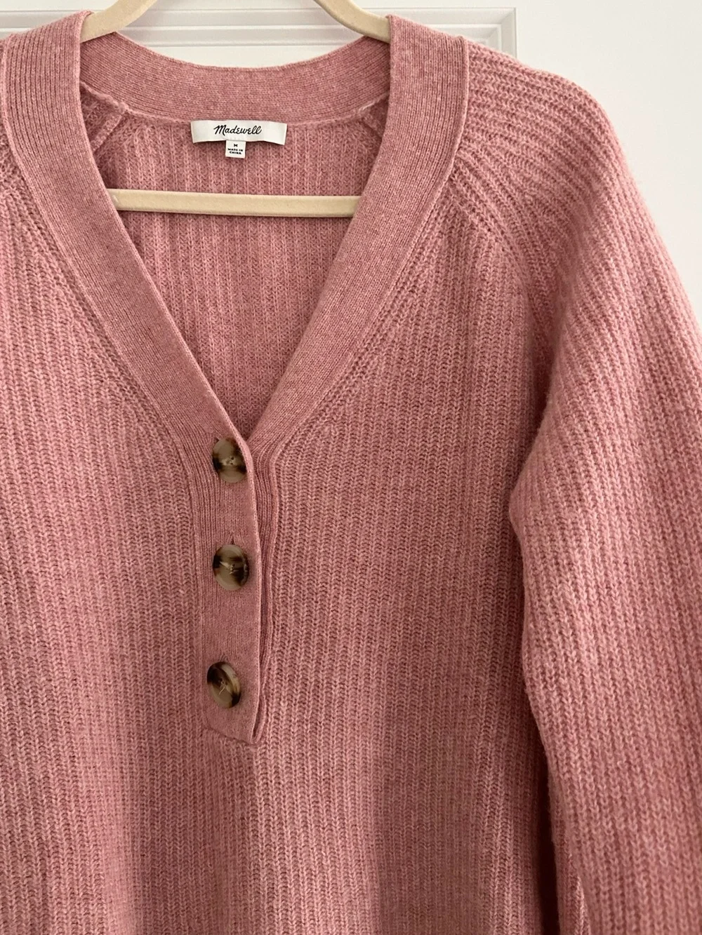 Madewell Merino Wool Pink V-Neck Button Front Lyle Rib Henley Pullover Sweater
